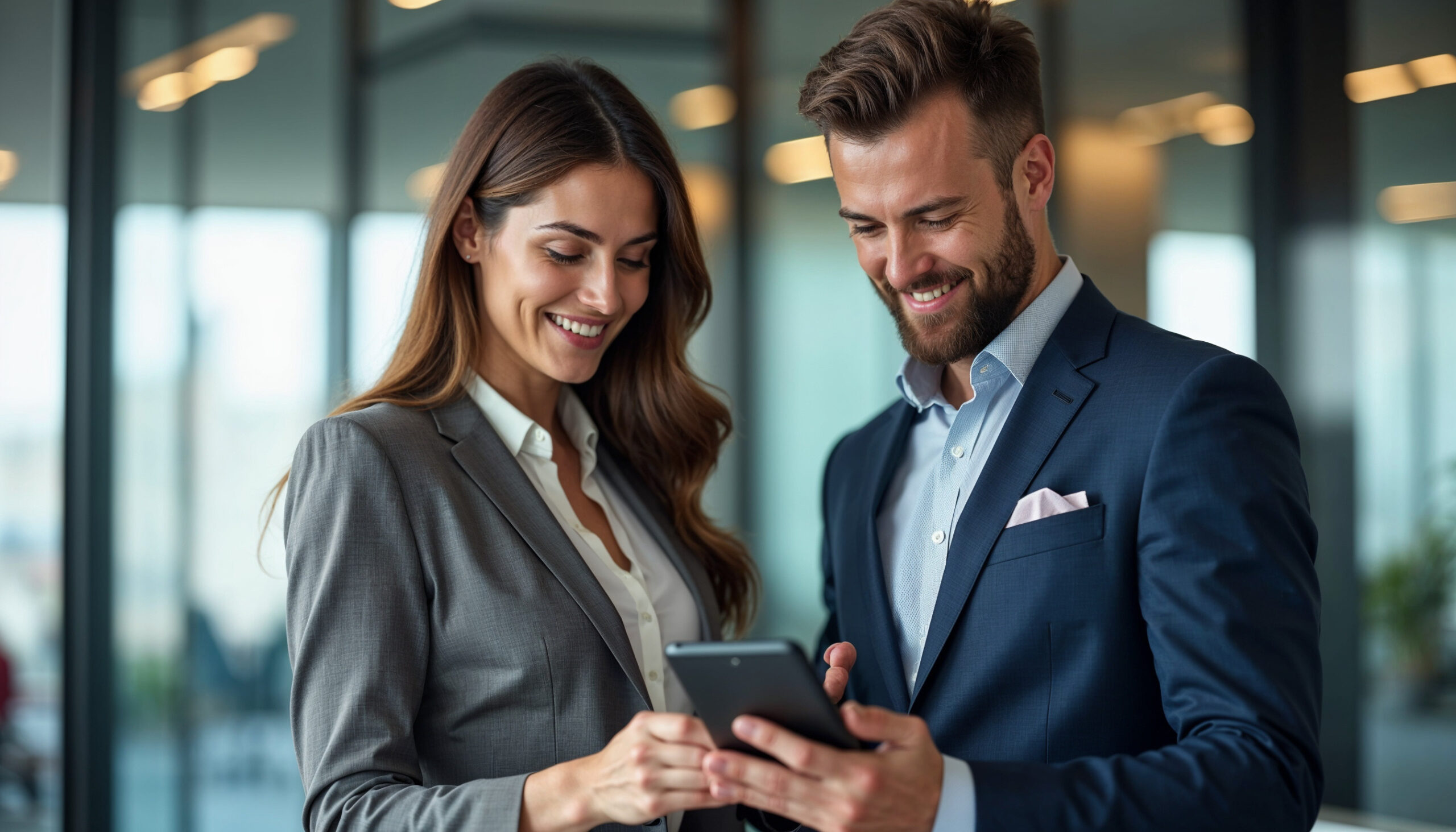Professional business people, two happy business man and woman executives partners team working together checking corporate results standing in company office using digital tab fintech device.